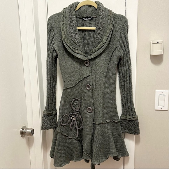Forla Paris Gray Mixed Media Long Cardigan L Sweater Y2K 90s wool knit braid - Picture 1 of 9